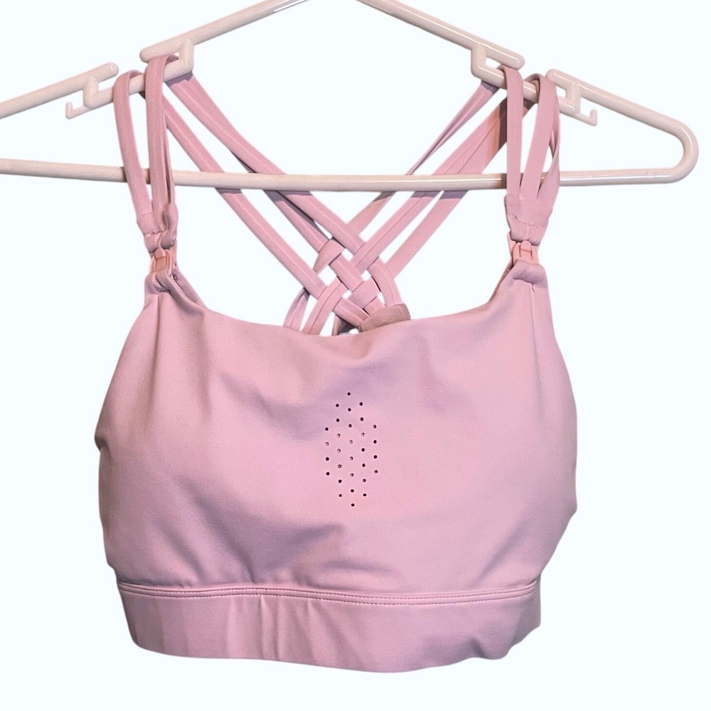 SWEAT & MILK Pink Strappy Sports Bra Criss Cross Back Medium Support Workout Gym